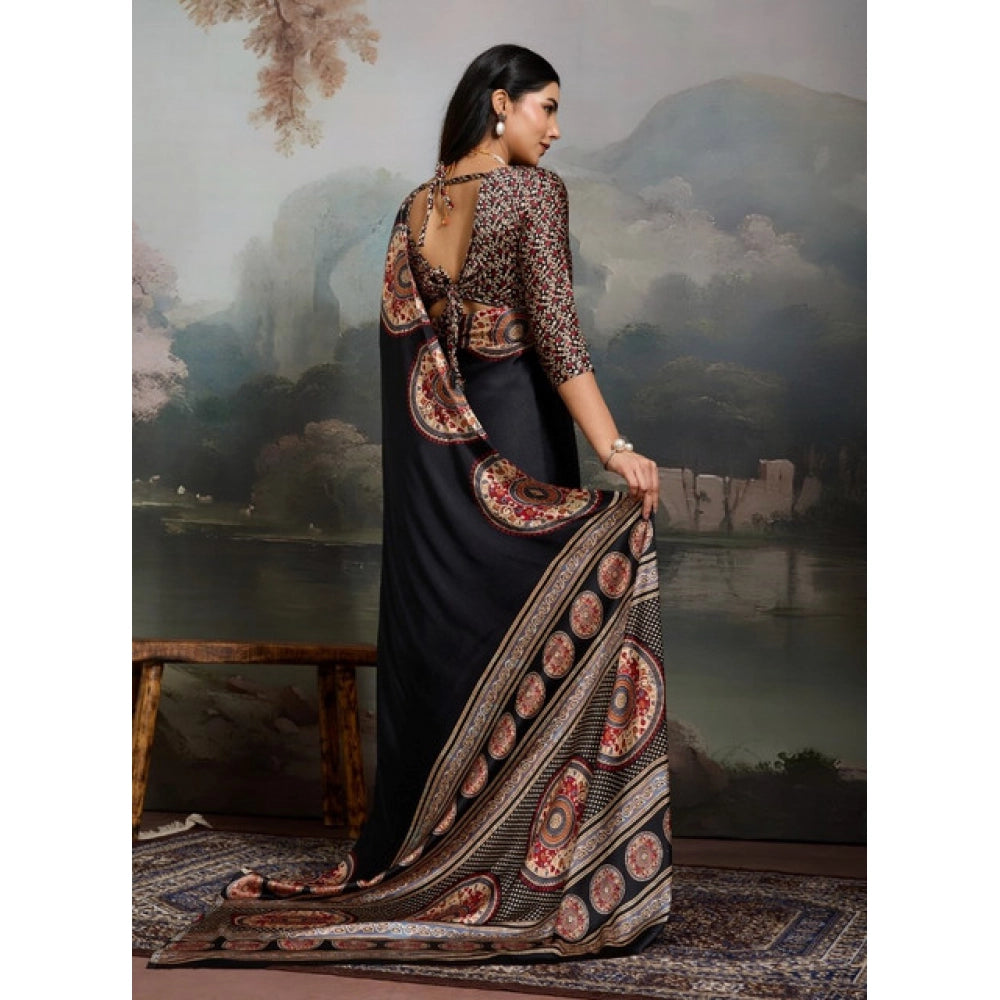 Generic Women's Satin Crepe Printed Saree With Unstitched Blouse 5.5Mtr (Black) - VANSHELLE