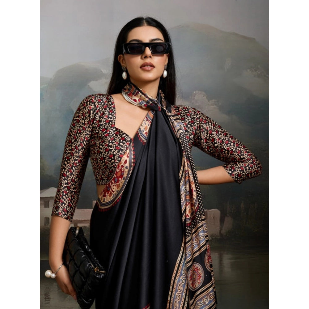Generic Women's Satin Crepe Printed Saree With Unstitched Blouse 5.5Mtr (Black) - VANSHELLE
