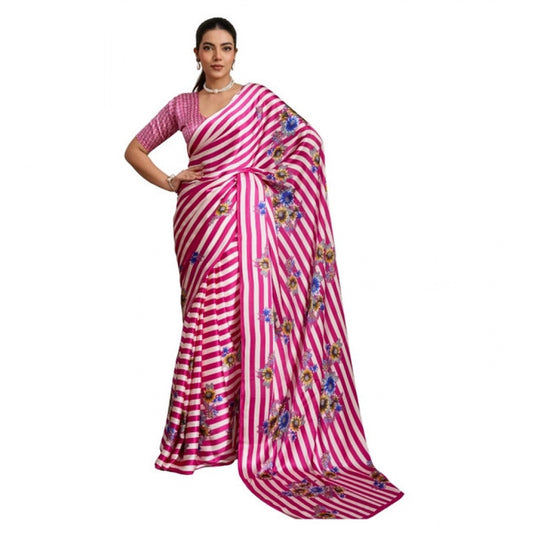 Generic Women's Satin Crepe Printed Saree With Unstitched Blouse 5.5Mtr (Pink) - VANSHELLE
