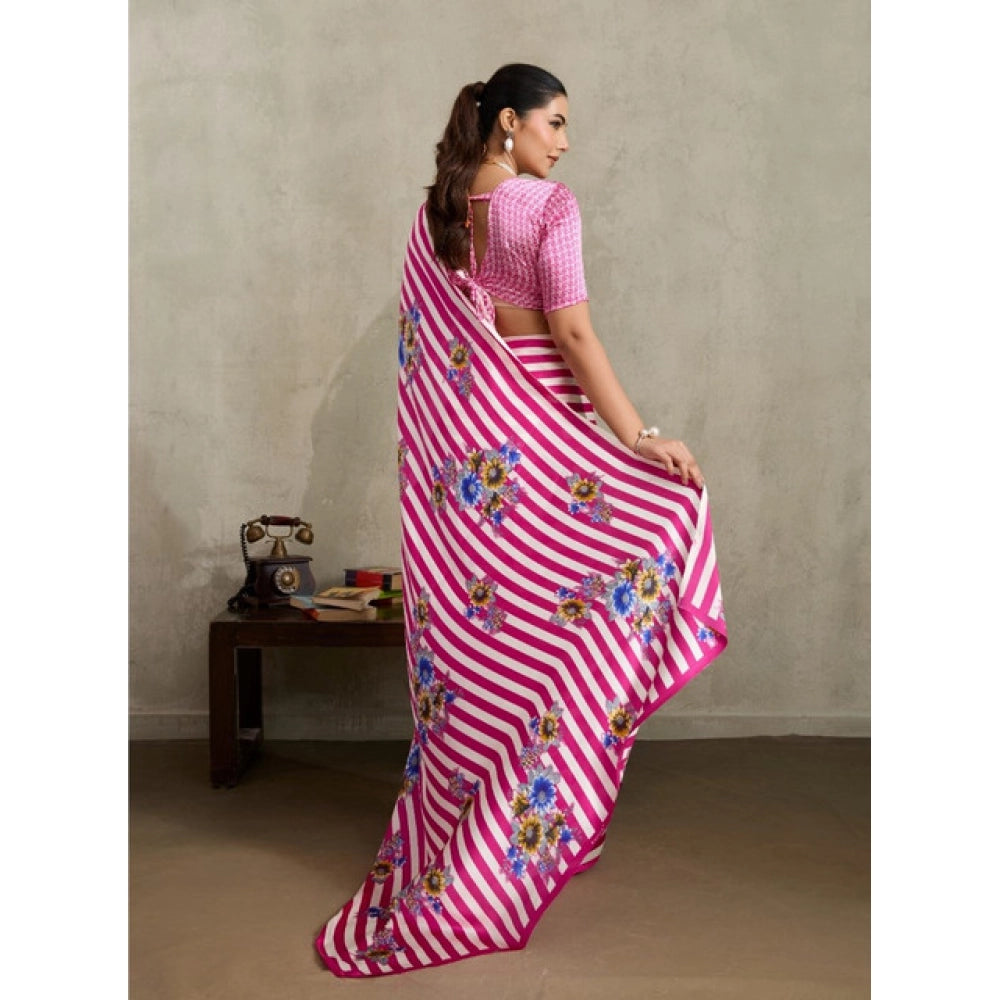 Generic Women's Satin Crepe Printed Saree With Unstitched Blouse 5.5Mtr (Pink) - VANSHELLE