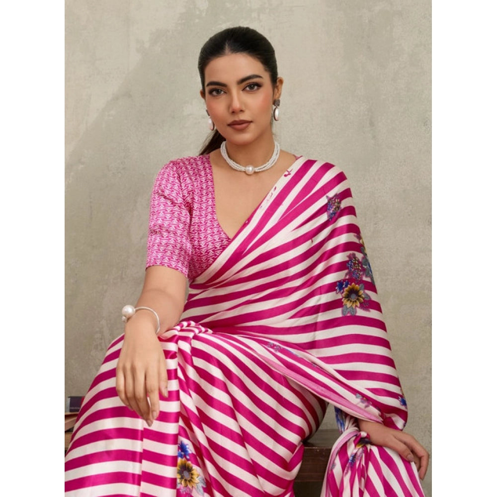 Generic Women's Satin Crepe Printed Saree With Unstitched Blouse 5.5Mtr (Pink) - VANSHELLE