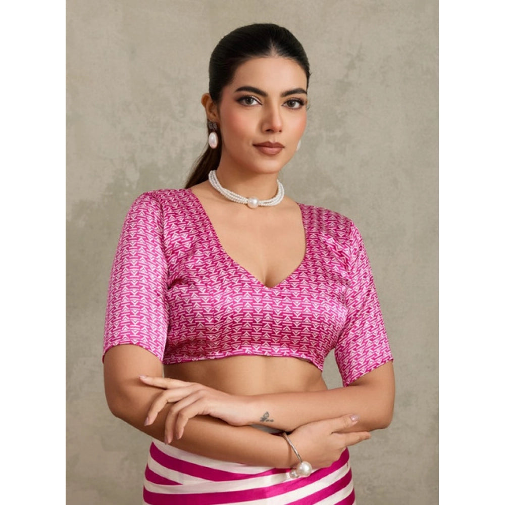 Generic Women's Satin Crepe Printed Saree With Unstitched Blouse 5.5Mtr (Pink) - VANSHELLE