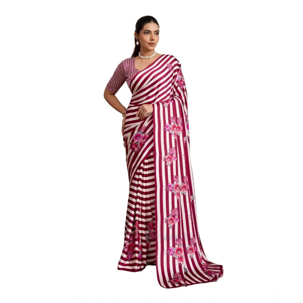 Generic Women's Satin Crepe Printed Saree With Unstitched Blouse 5.5Mtr (Maroon) - VANSHELLE