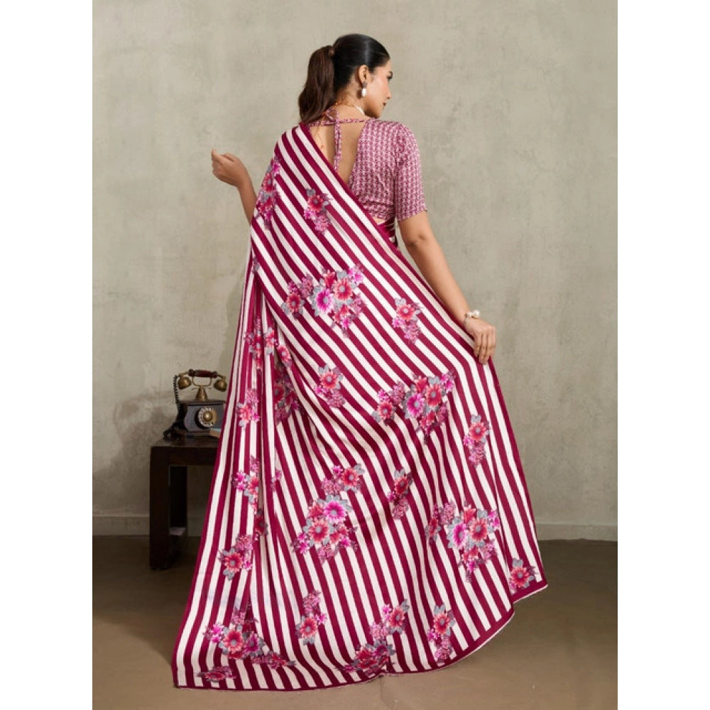 Generic Women's Satin Crepe Printed Saree With Unstitched Blouse 5.5Mtr (Maroon) - VANSHELLE
