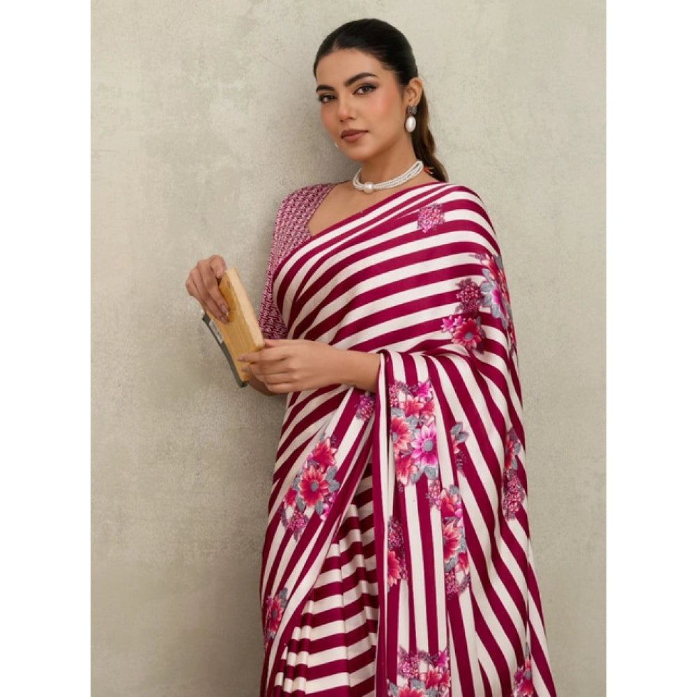 Generic Women's Satin Crepe Printed Saree With Unstitched Blouse 5.5Mtr (Maroon) - VANSHELLE