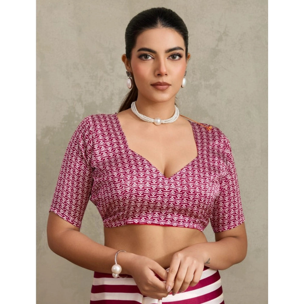 Generic Women's Satin Crepe Printed Saree With Unstitched Blouse 5.5Mtr (Maroon) - VANSHELLE