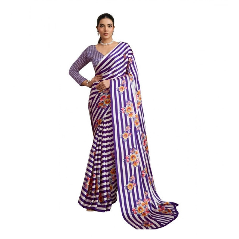 Generic Women's Satin Crepe Printed Saree With Unstitched Blouse 5.5Mtr (Purple) - VANSHELLE