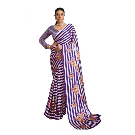 Generic Women's Satin Crepe Printed Saree With Unstitched Blouse 5.5Mtr (Purple) - VANSHELLE