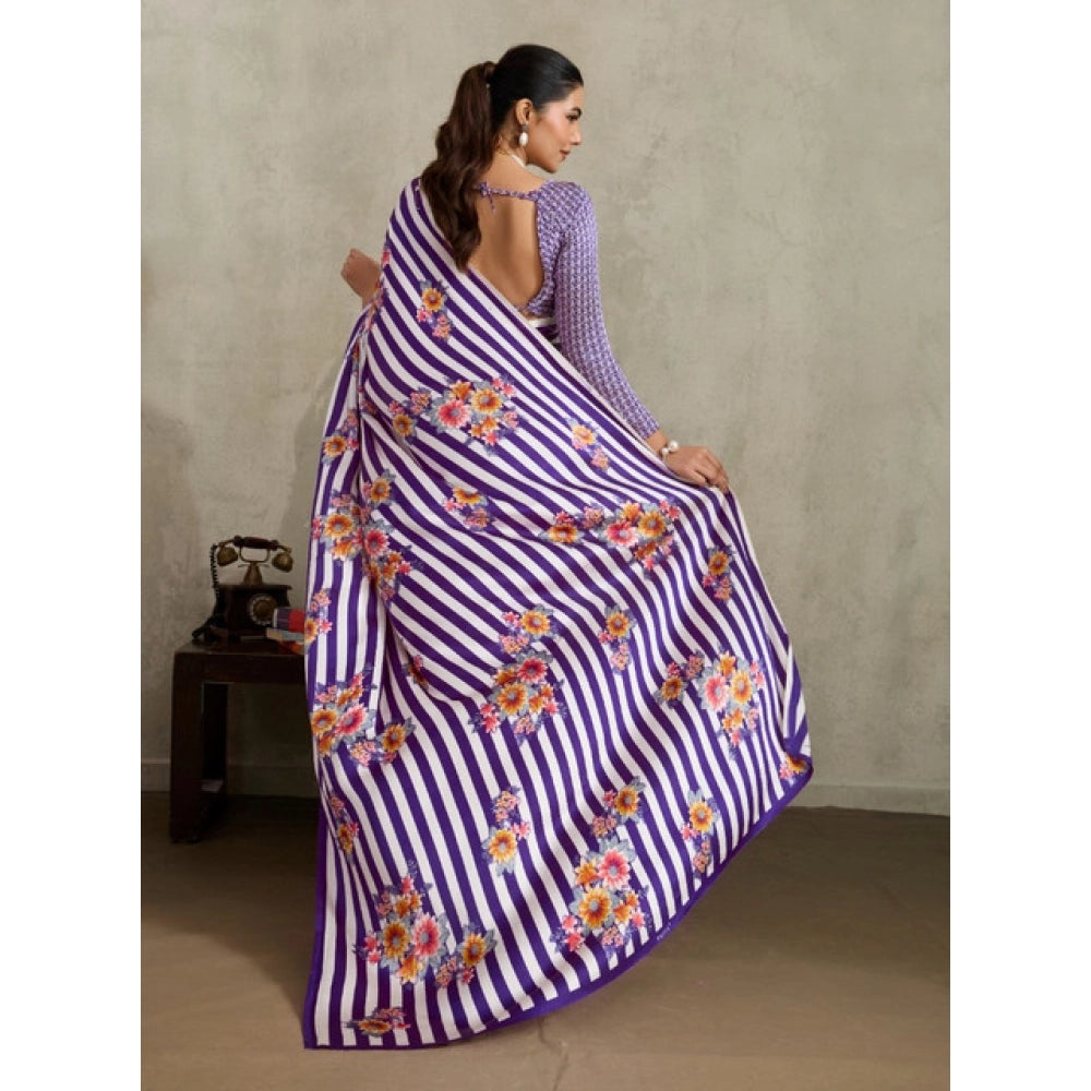 Generic Women's Satin Crepe Printed Saree With Unstitched Blouse 5.5Mtr (Purple) - VANSHELLE