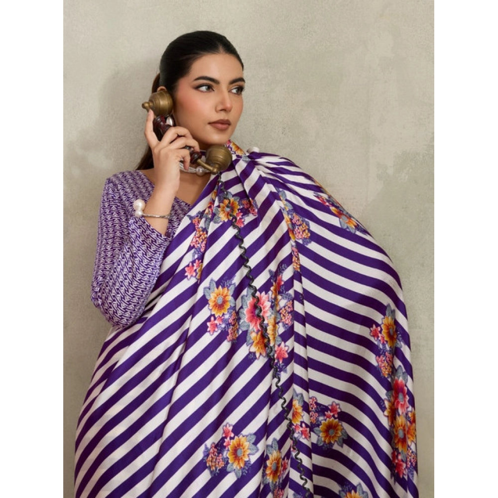 Generic Women's Satin Crepe Printed Saree With Unstitched Blouse 5.5Mtr (Purple) - VANSHELLE
