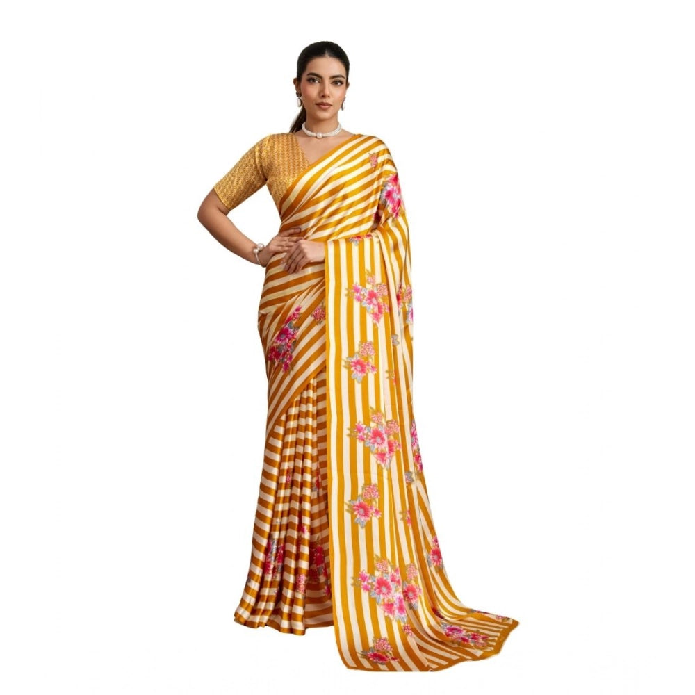 Generic Women's Satin Crepe Printed Saree With Unstitched Blouse 5.5Mtr (Mustard) - VANSHELLE