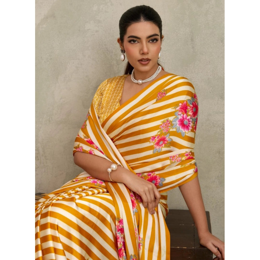 Generic Women's Satin Crepe Printed Saree With Unstitched Blouse 5.5Mtr (Mustard) - VANSHELLE