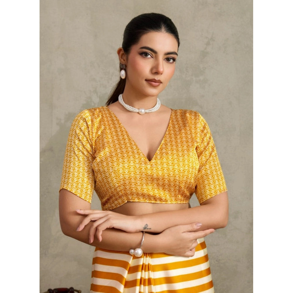 Generic Women's Satin Crepe Printed Saree With Unstitched Blouse 5.5Mtr (Mustard) - VANSHELLE
