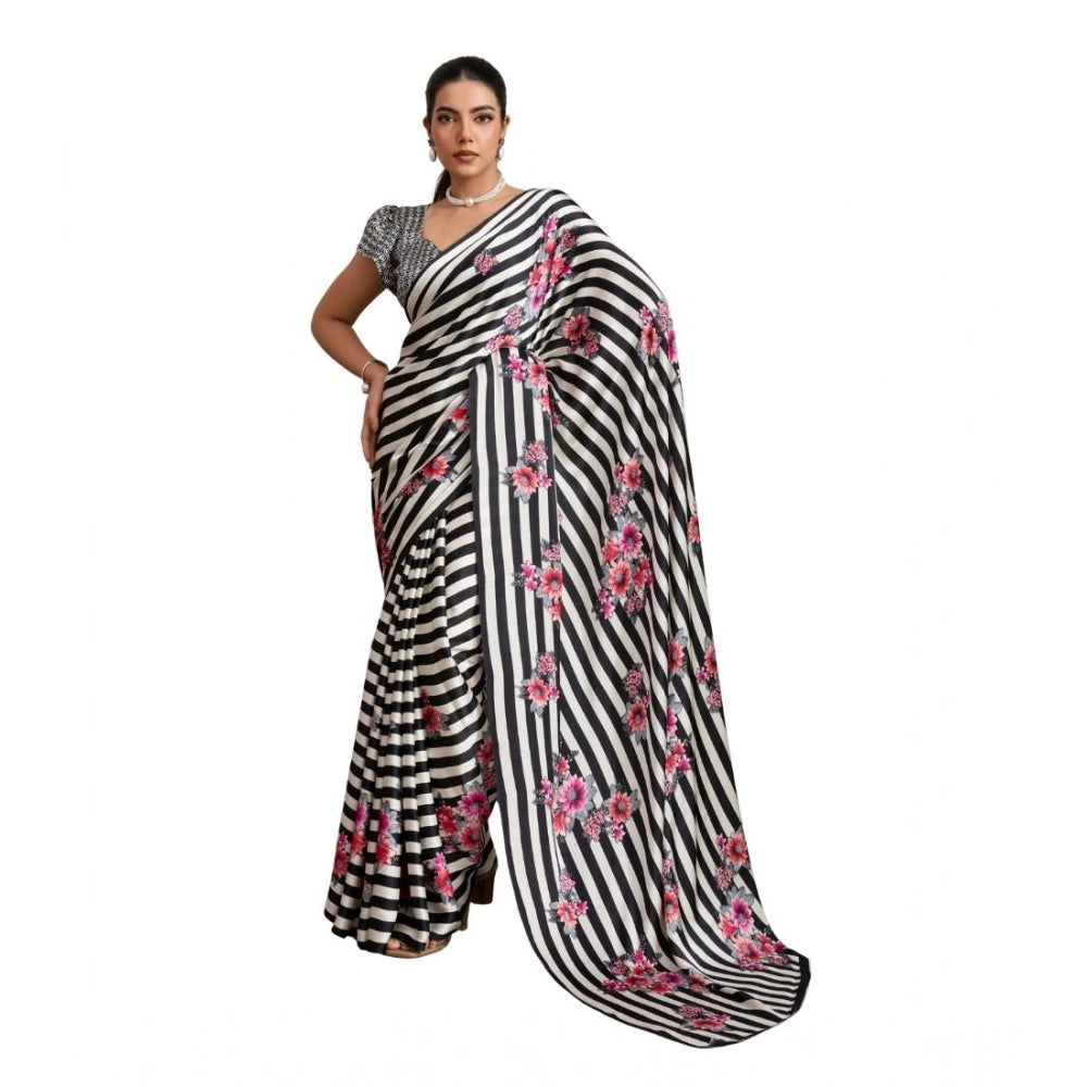 Generic Women's Satin Crepe Printed Saree With Unstitched Blouse 5.5Mtr (Black) - VANSHELLE