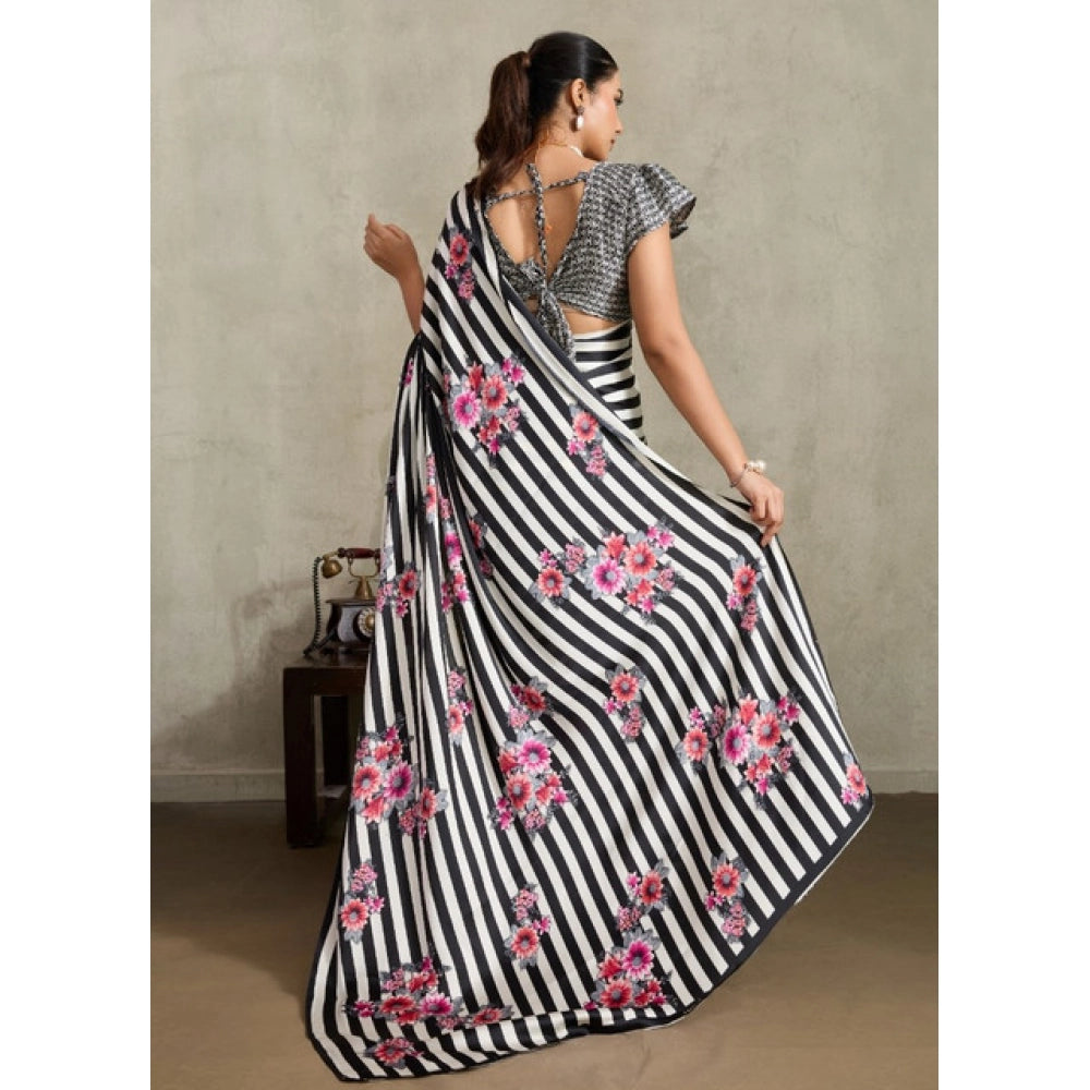 Generic Women's Satin Crepe Printed Saree With Unstitched Blouse 5.5Mtr (Black) - VANSHELLE