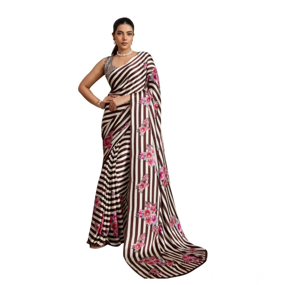 Generic Women's Satin Crepe Printed Saree With Unstitched Blouse 5.5Mtr (Brown) - VANSHELLE