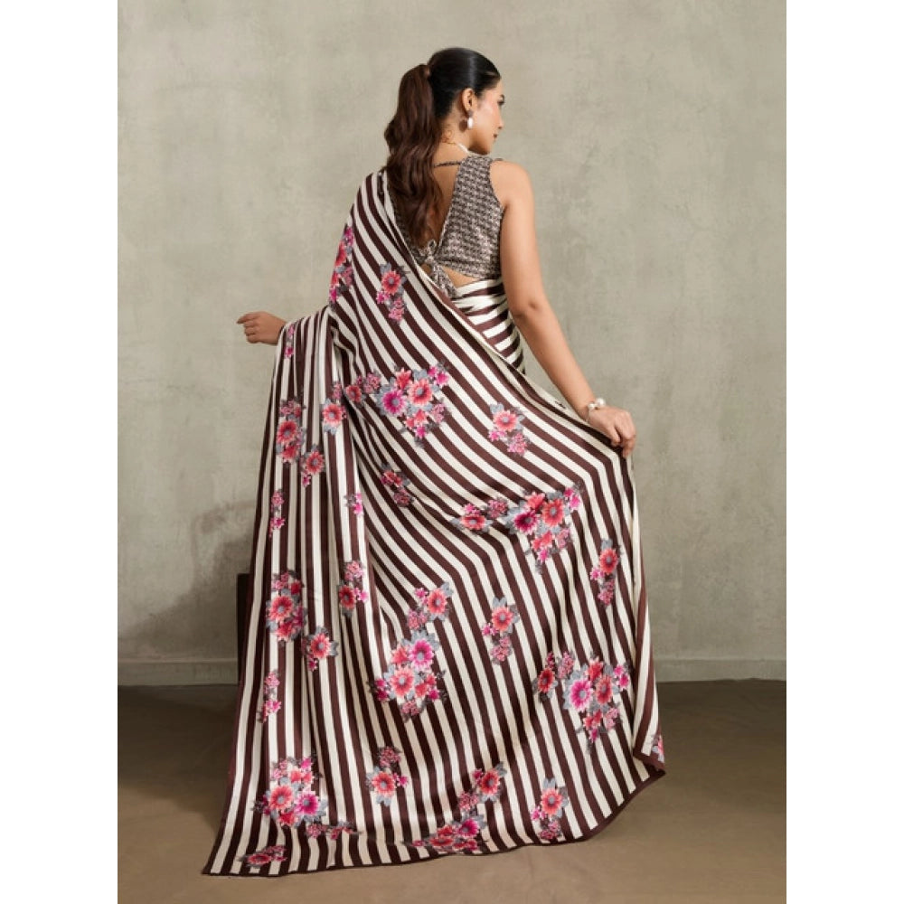 Generic Women's Satin Crepe Printed Saree With Unstitched Blouse 5.5Mtr (Brown) - VANSHELLE
