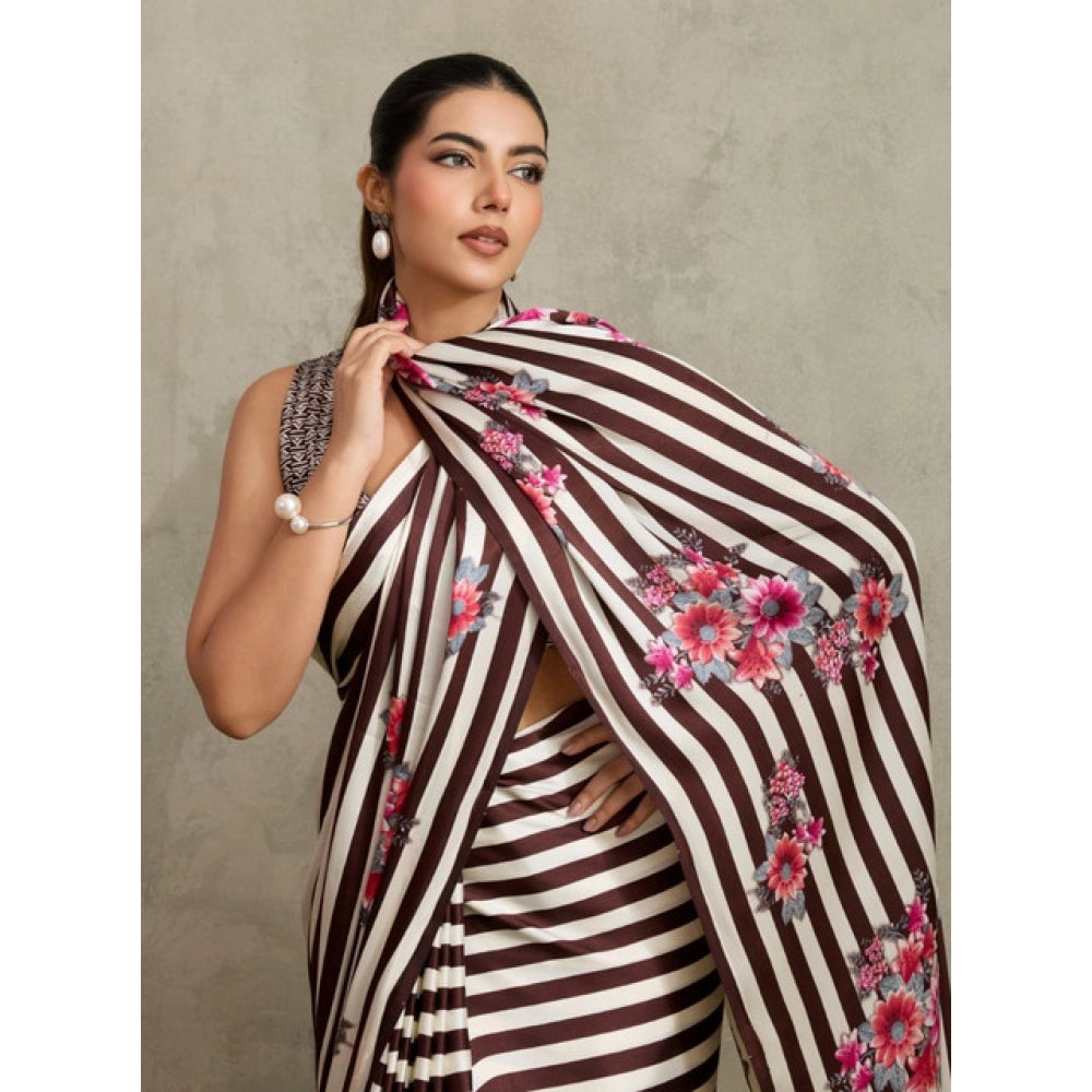 Generic Women's Satin Crepe Printed Saree With Unstitched Blouse 5.5Mtr (Brown) - VANSHELLE