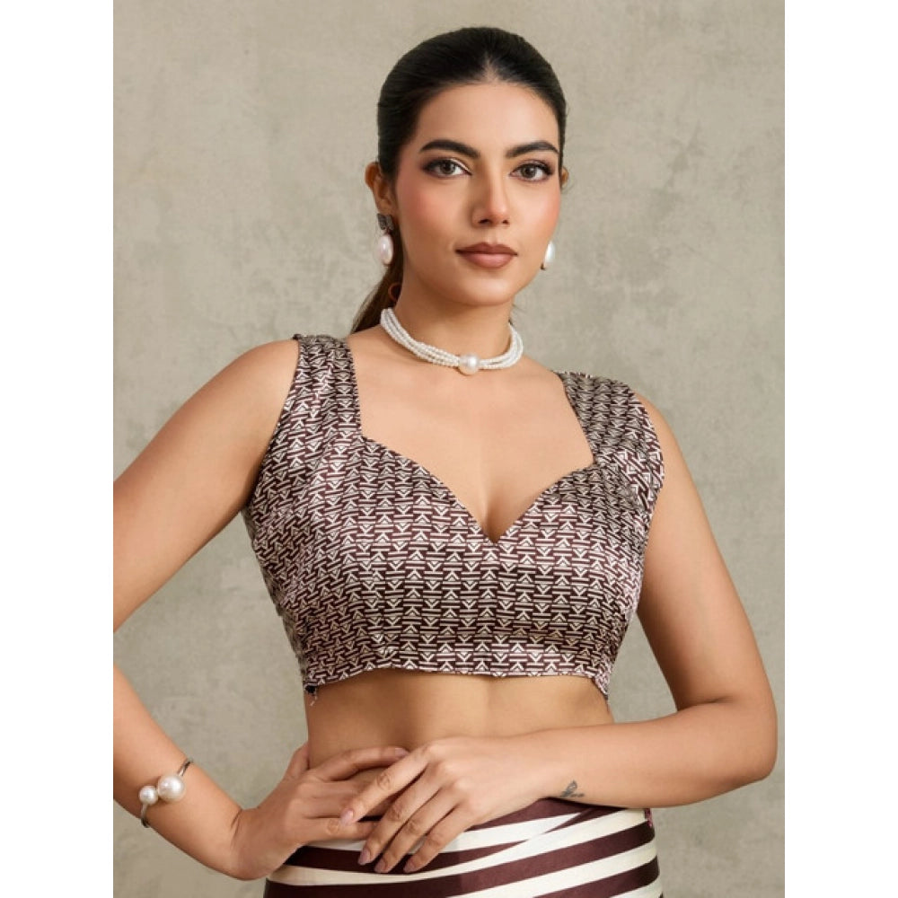 Generic Women's Satin Crepe Printed Saree With Unstitched Blouse 5.5Mtr (Brown) - VANSHELLE