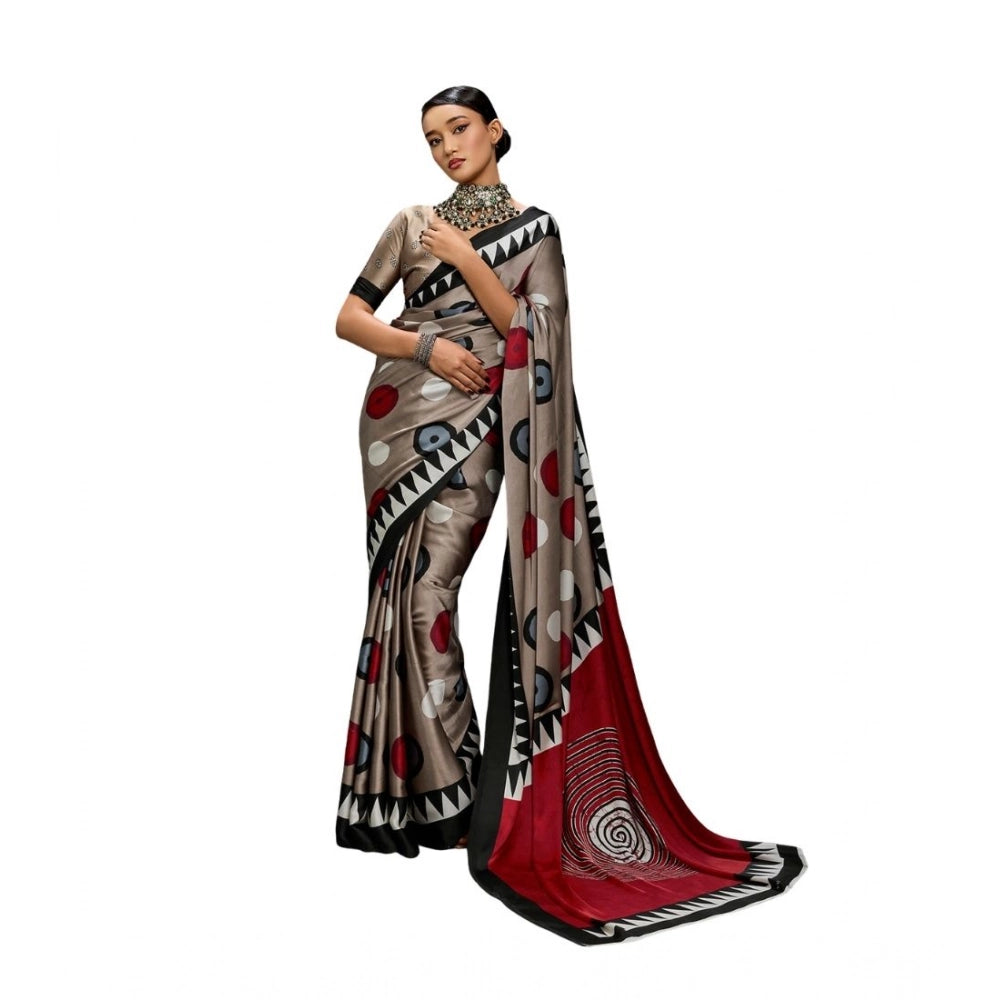 Generic Women's Satin Crepe Printed Saree With Unstitched Blouse 5.5Mtr (Grey) - VANSHELLE