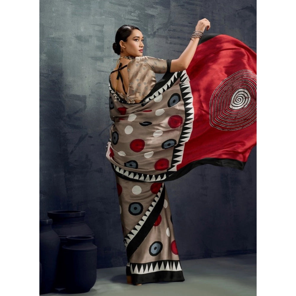 Generic Women's Satin Crepe Printed Saree With Unstitched Blouse 5.5Mtr (Grey) - VANSHELLE