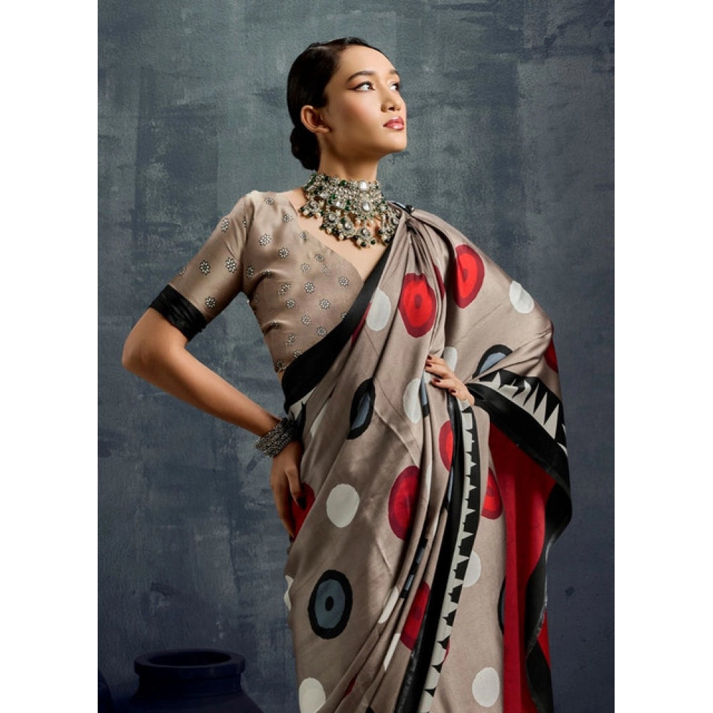 Generic Women's Satin Crepe Printed Saree With Unstitched Blouse 5.5Mtr (Grey) - VANSHELLE