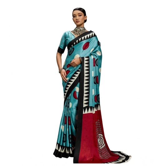 Generic Women's Satin Crepe Printed Saree With Unstitched Blouse 5.5Mtr (Sky Blue) - VANSHELLE