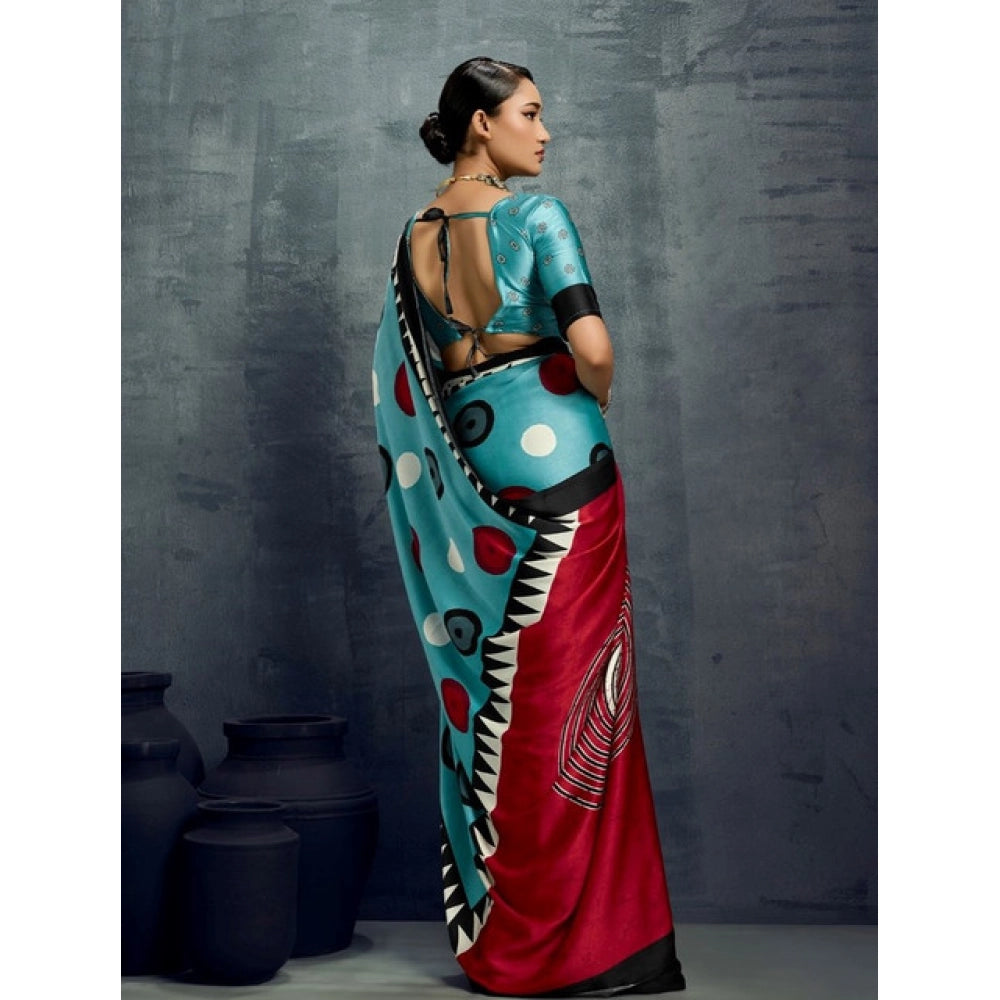 Generic Women's Satin Crepe Printed Saree With Unstitched Blouse 5.5Mtr (Sky Blue) - VANSHELLE
