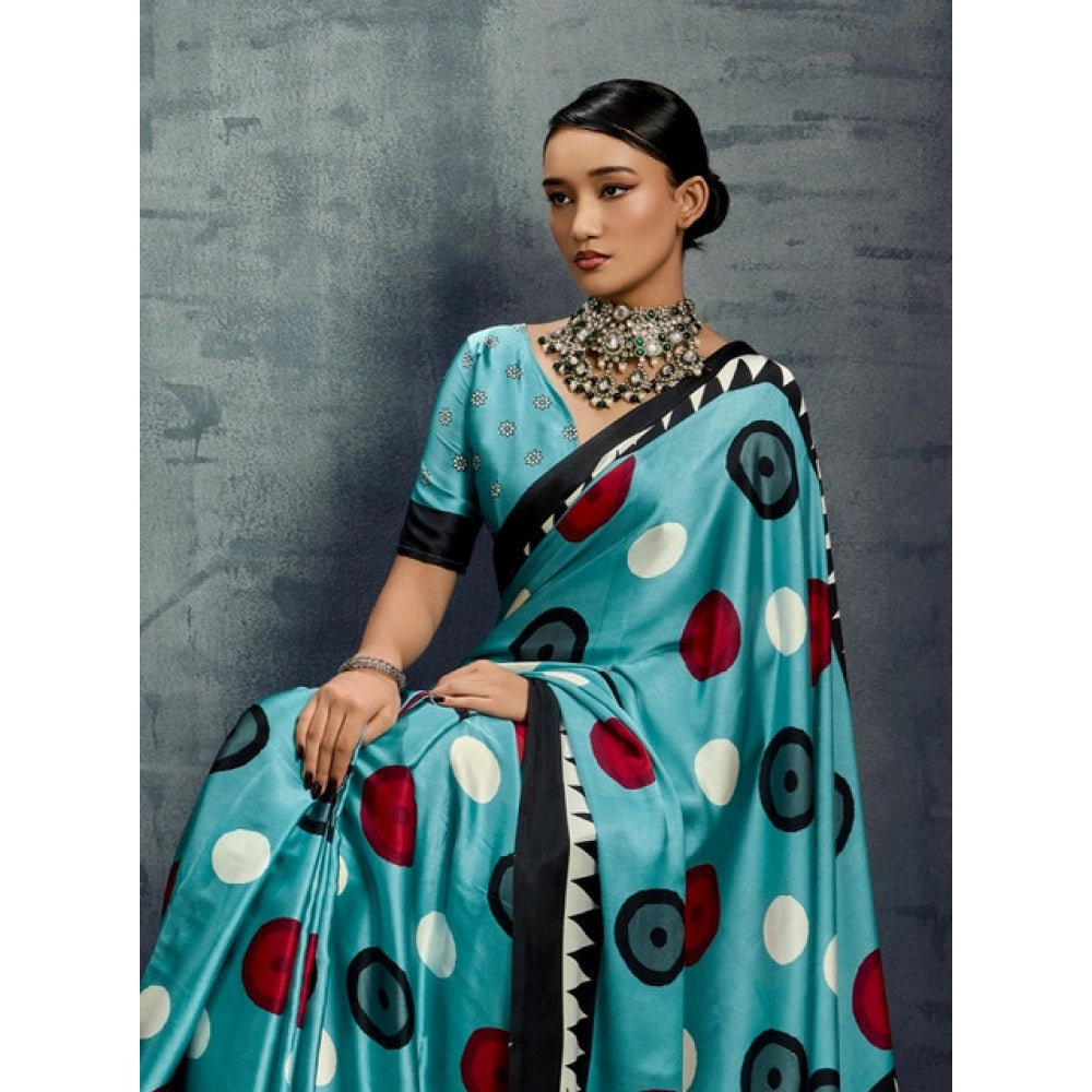 Generic Women's Satin Crepe Printed Saree With Unstitched Blouse 5.5Mtr (Sky Blue) - VANSHELLE