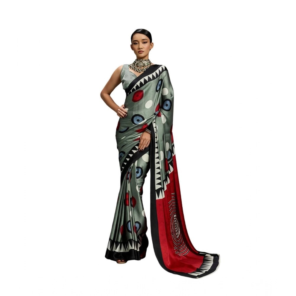 Generic Women's Satin Crepe Printed Saree With Unstitched Blouse 5.5Mtr (Multicolor) - VANSHELLE