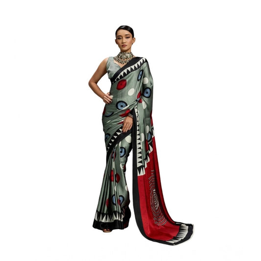 Generic Women's Satin Crepe Printed Saree With Unstitched Blouse 5.5Mtr (Multicolor) - VANSHELLE