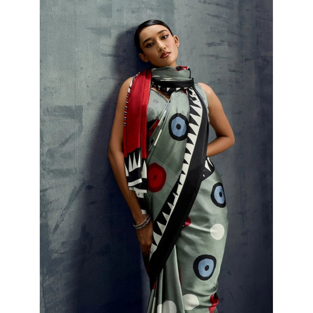 Generic Women's Satin Crepe Printed Saree With Unstitched Blouse 5.5Mtr (Multicolor) - VANSHELLE
