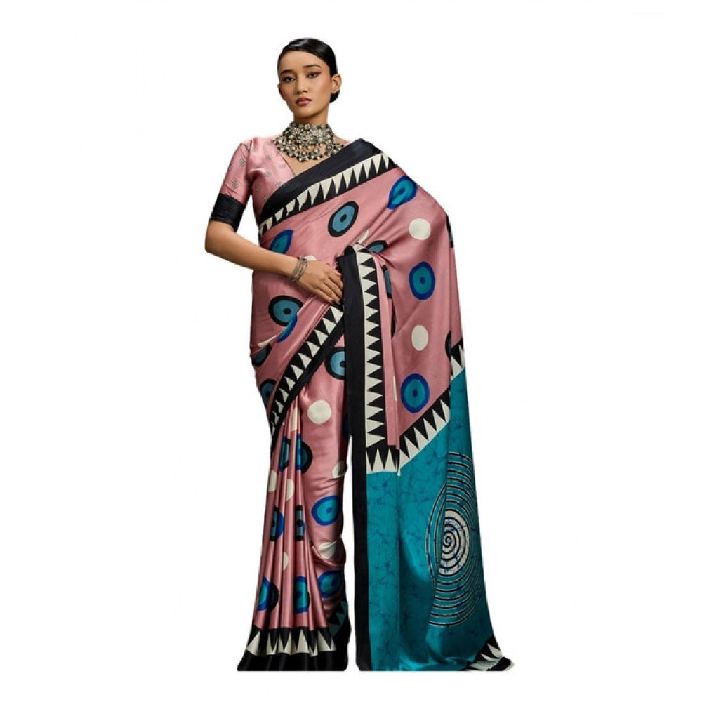 Generic Women's Satin Crepe Printed Saree With Unstitched Blouse 5.5Mtr (Multicolor) - VANSHELLE