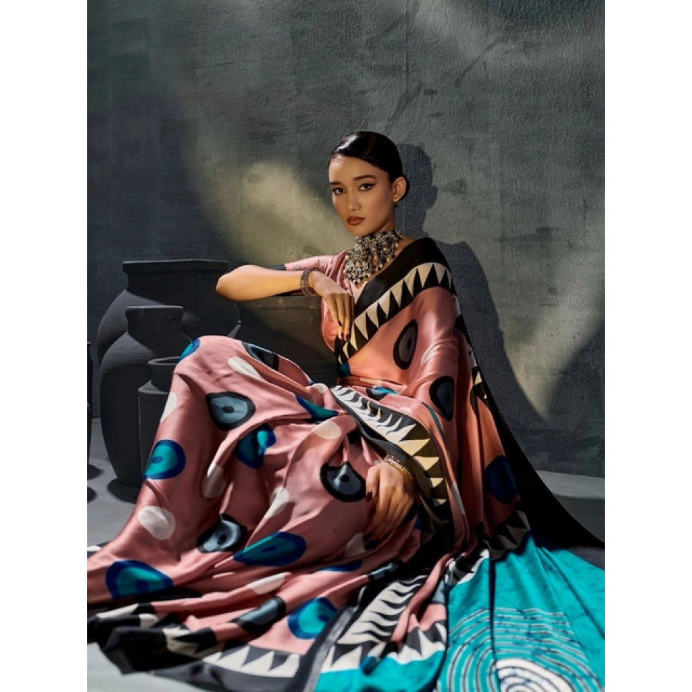 Generic Women's Satin Crepe Printed Saree With Unstitched Blouse 5.5Mtr (Multicolor) - VANSHELLE
