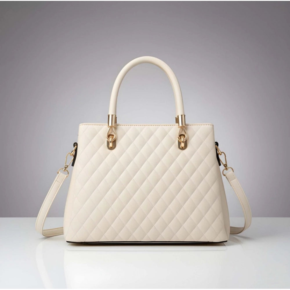 Women'S Pu Leather Solid Shoulder Zipper Handbag (Cream)