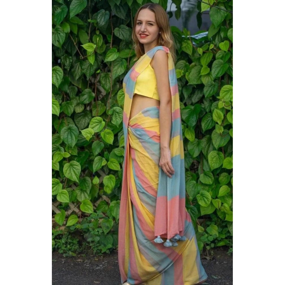 Women'S Linen Printed Saree With Unstitched Blouse 5.5Mtr (Mul