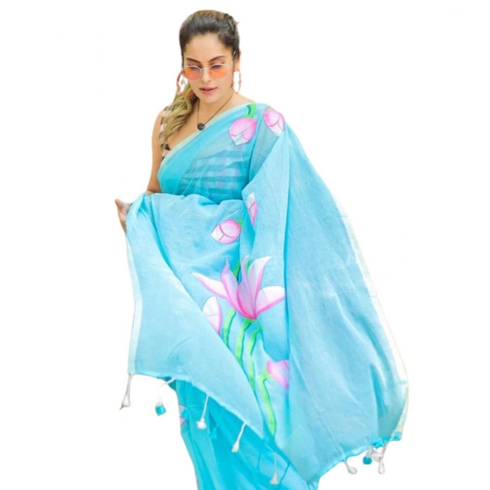 Women's Linen Printed Saree With Unstitched Blouse 5.5Mtr (light Blue) - VANSHELLE