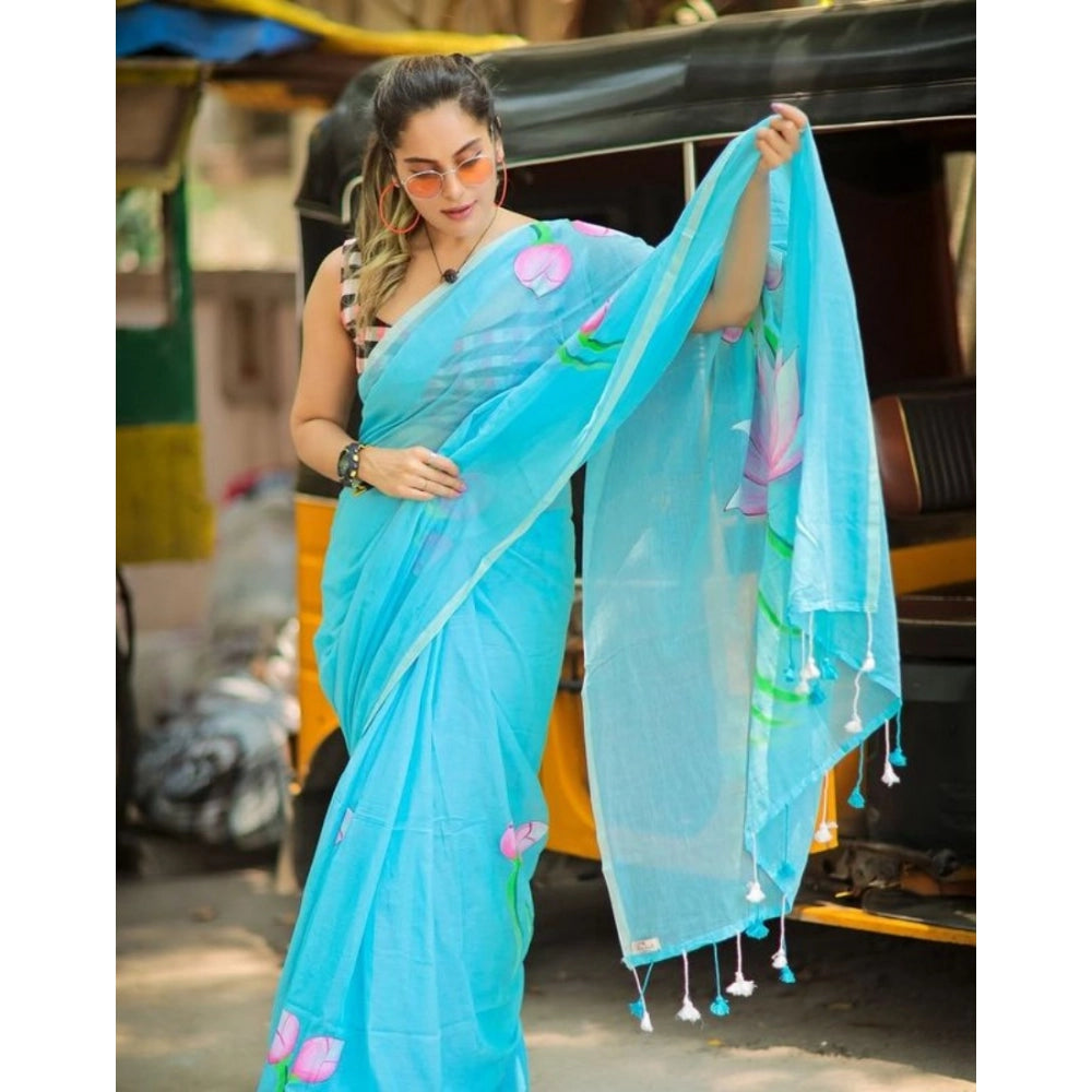 Women's Linen Printed Saree With Unstitched Blouse 5.5Mtr (light Blue) - VANSHELLE