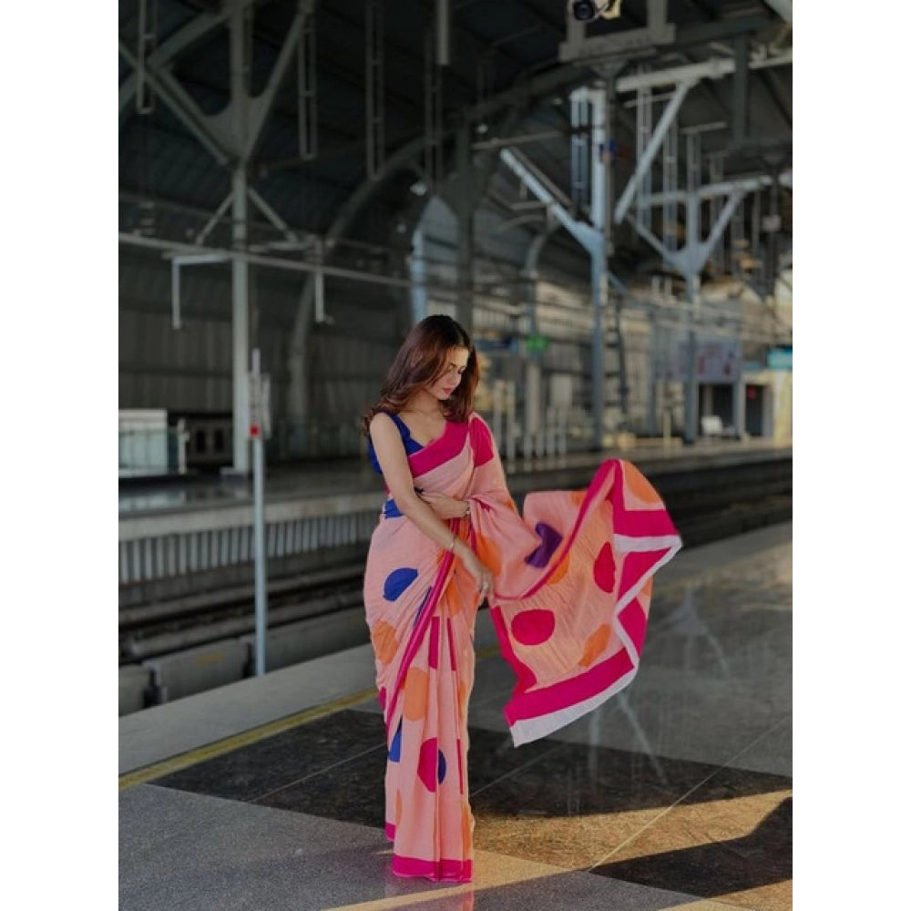 Women'S Linen Printed Saree With Unstitched Blouse 5.5Mtr (Ora