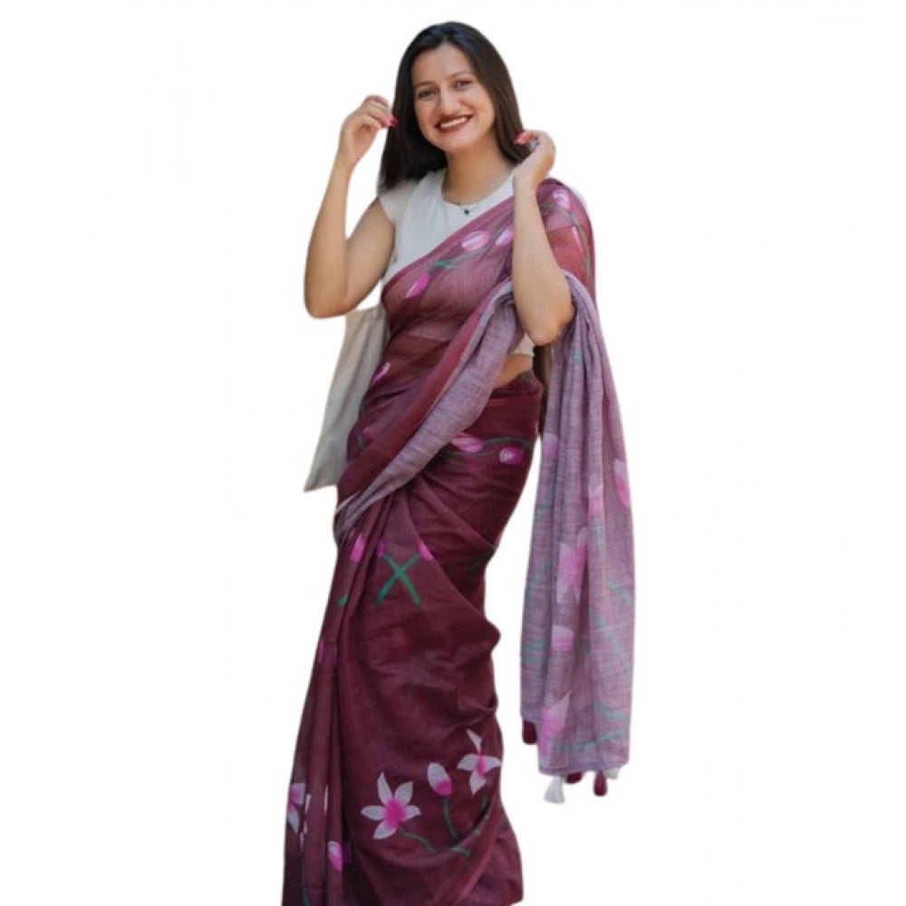 Women'S Linen Printed Saree With Unstitched Blouse 5.5Mtr (Bro