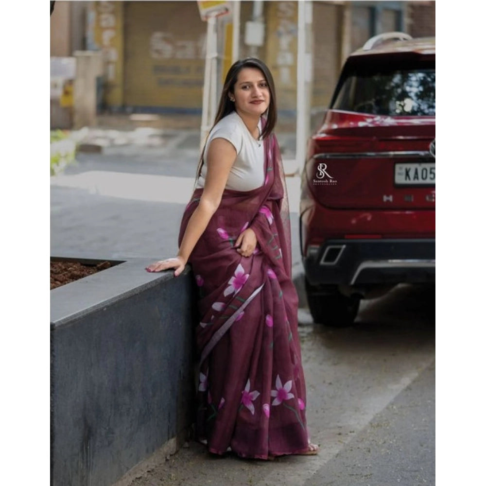 Women'S Linen Printed Saree With Unstitched Blouse 5.5Mtr (Bro