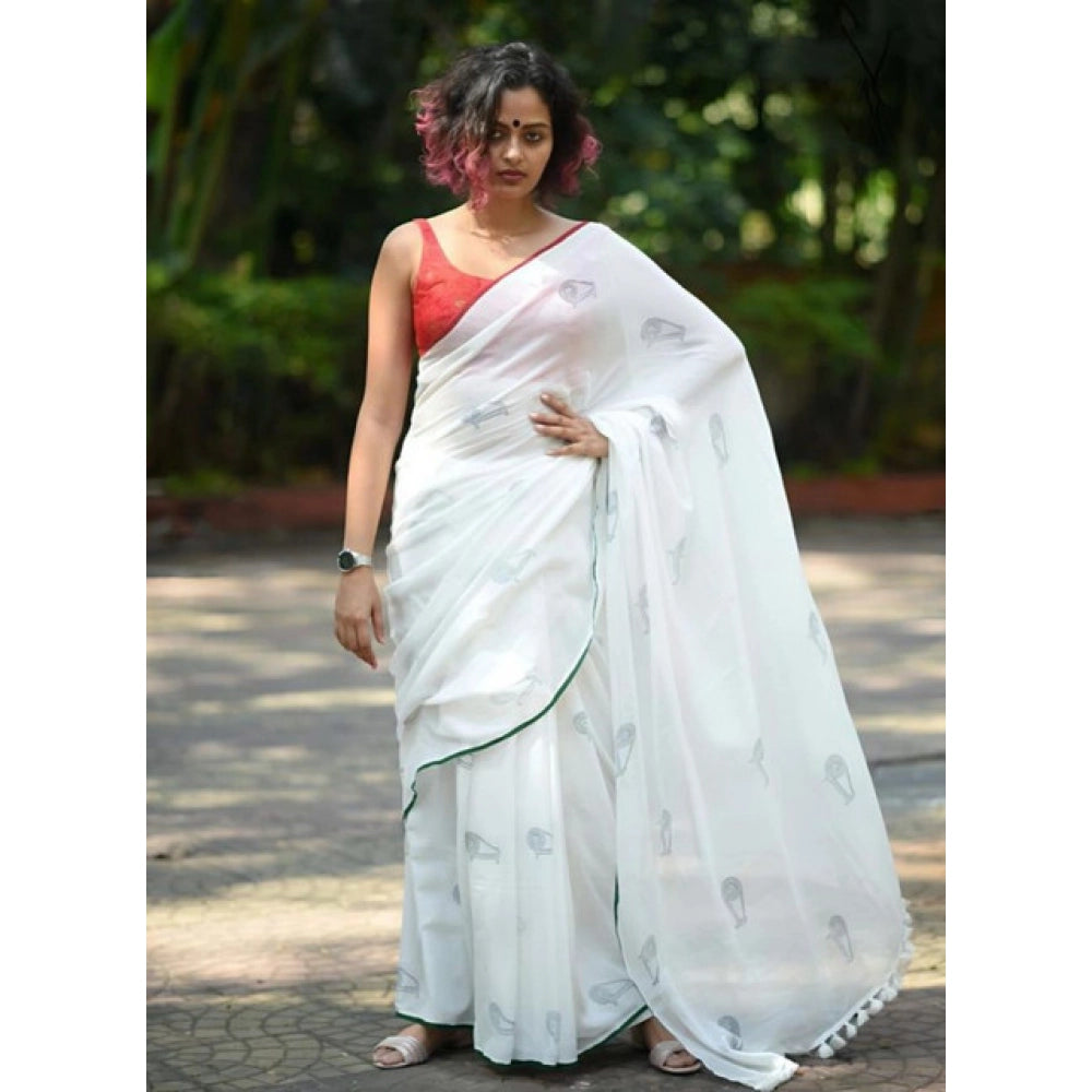 Women'S Linen Printed Saree With Unstitched Blouse 5.5Mtr (Whi