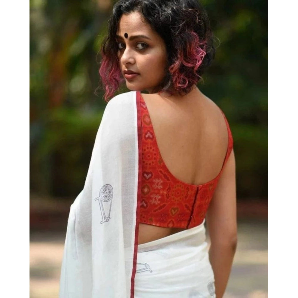 Women'S Linen Printed Saree With Unstitched Blouse 5.5Mtr (Whi