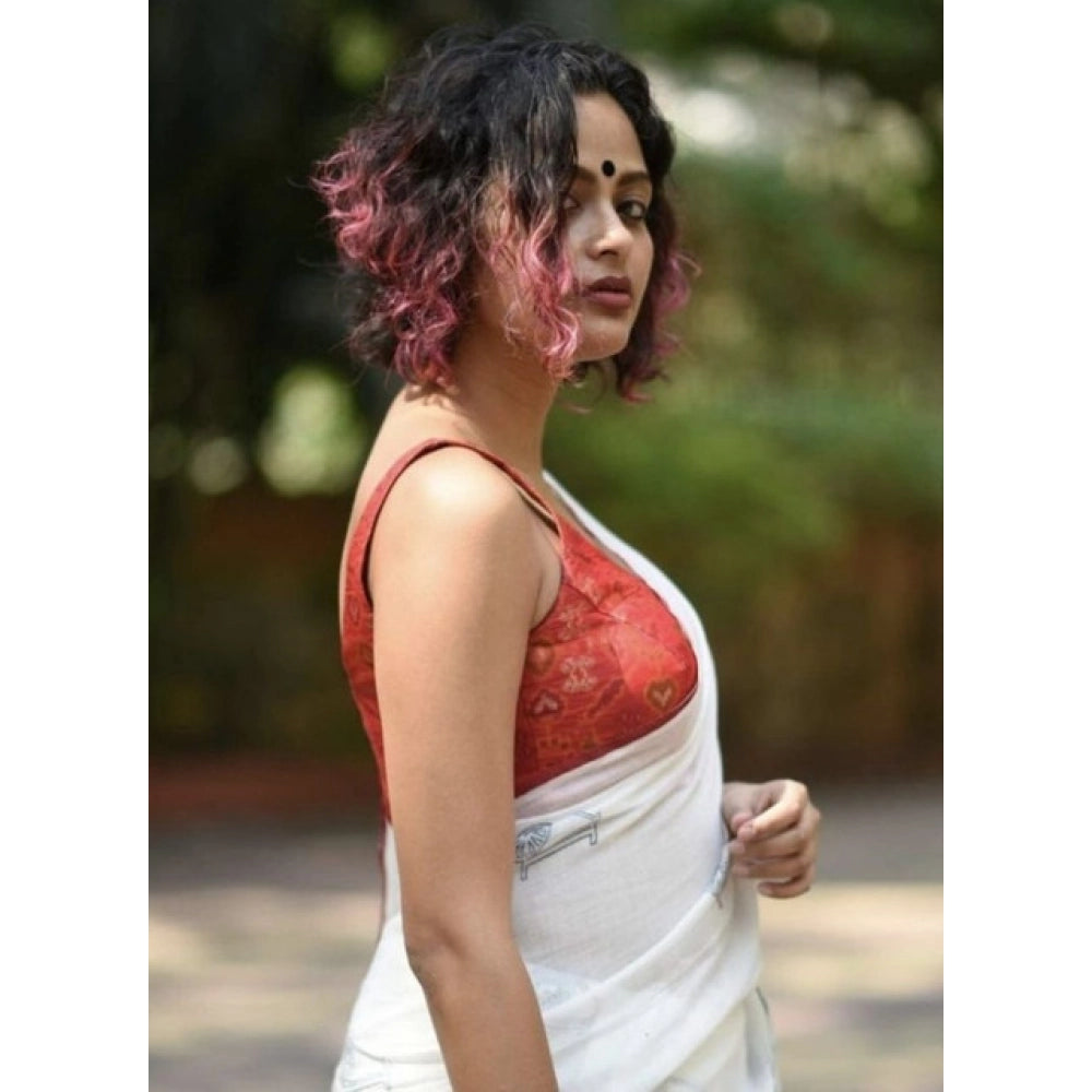 Women'S Linen Printed Saree With Unstitched Blouse 5.5Mtr (Whi