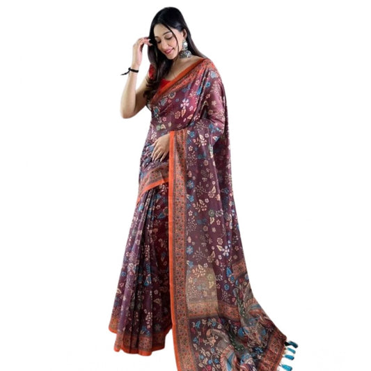 Women's Linen Printed Saree With Unstitched Blouse 5.5Mtr (Brown) - VANSHELLE
