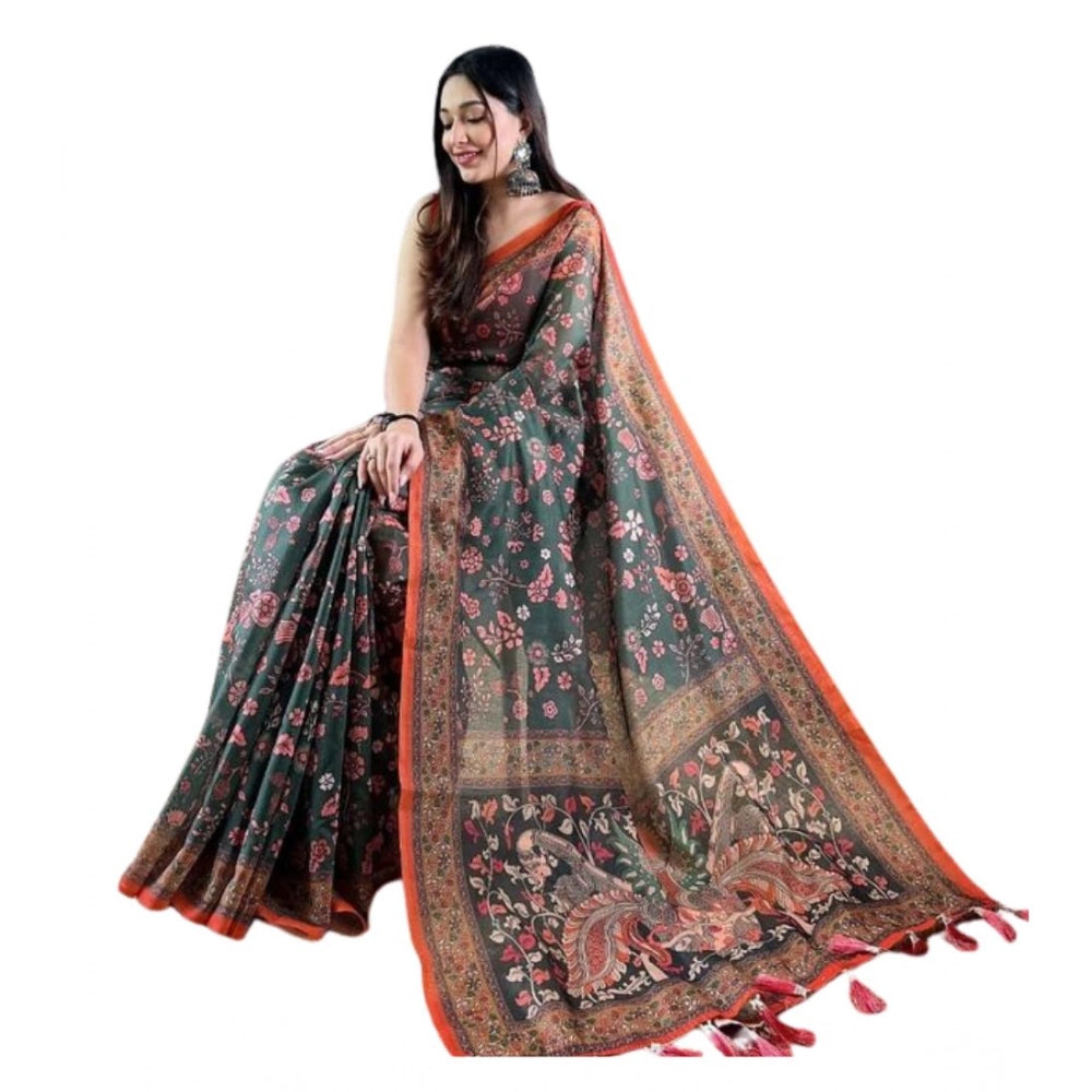 Women'S Linen Printed Saree With Unstitched Blouse 5.5Mtr (Gre