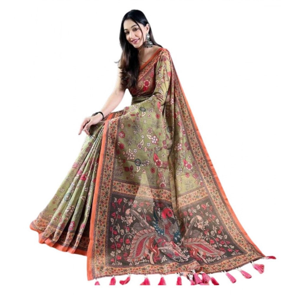 Women'S Linen Printed Saree With Unstitched Blouse 5.5Mtr (Sea