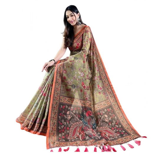 Women'S Linen Printed Saree With Unstitched Blouse 5.5Mtr (Sea