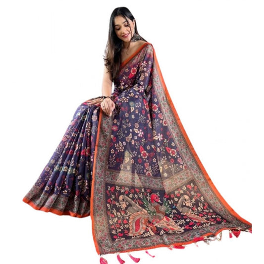 Women'S Linen Printed Saree With Unstitched Blouse 5.5Mtr (Blu