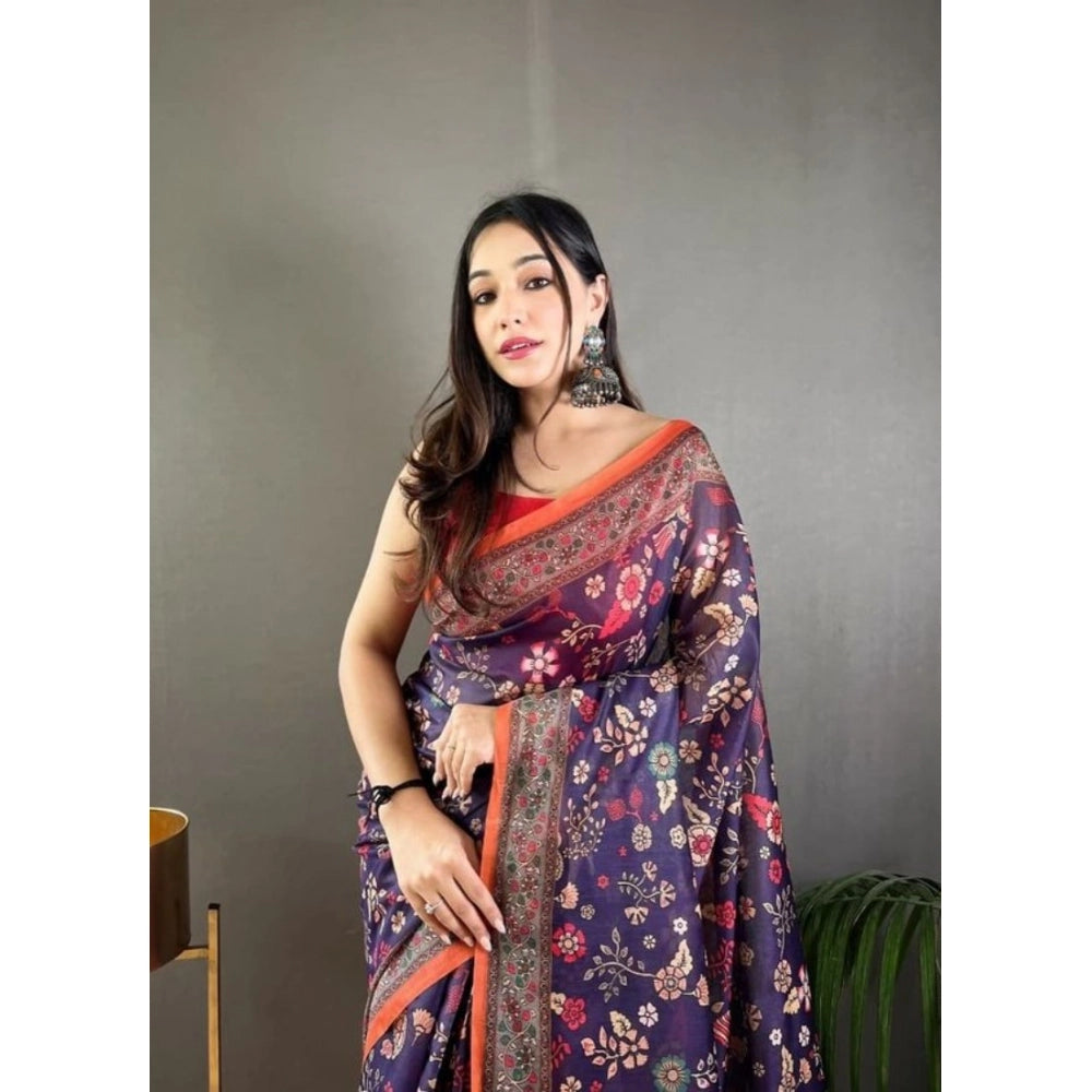 Women'S Linen Printed Saree With Unstitched Blouse 5.5Mtr (Blu